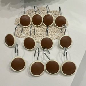 12 Wooden Round Silver Tone Shower Curtain Hooks Chocolate Brown & Cream